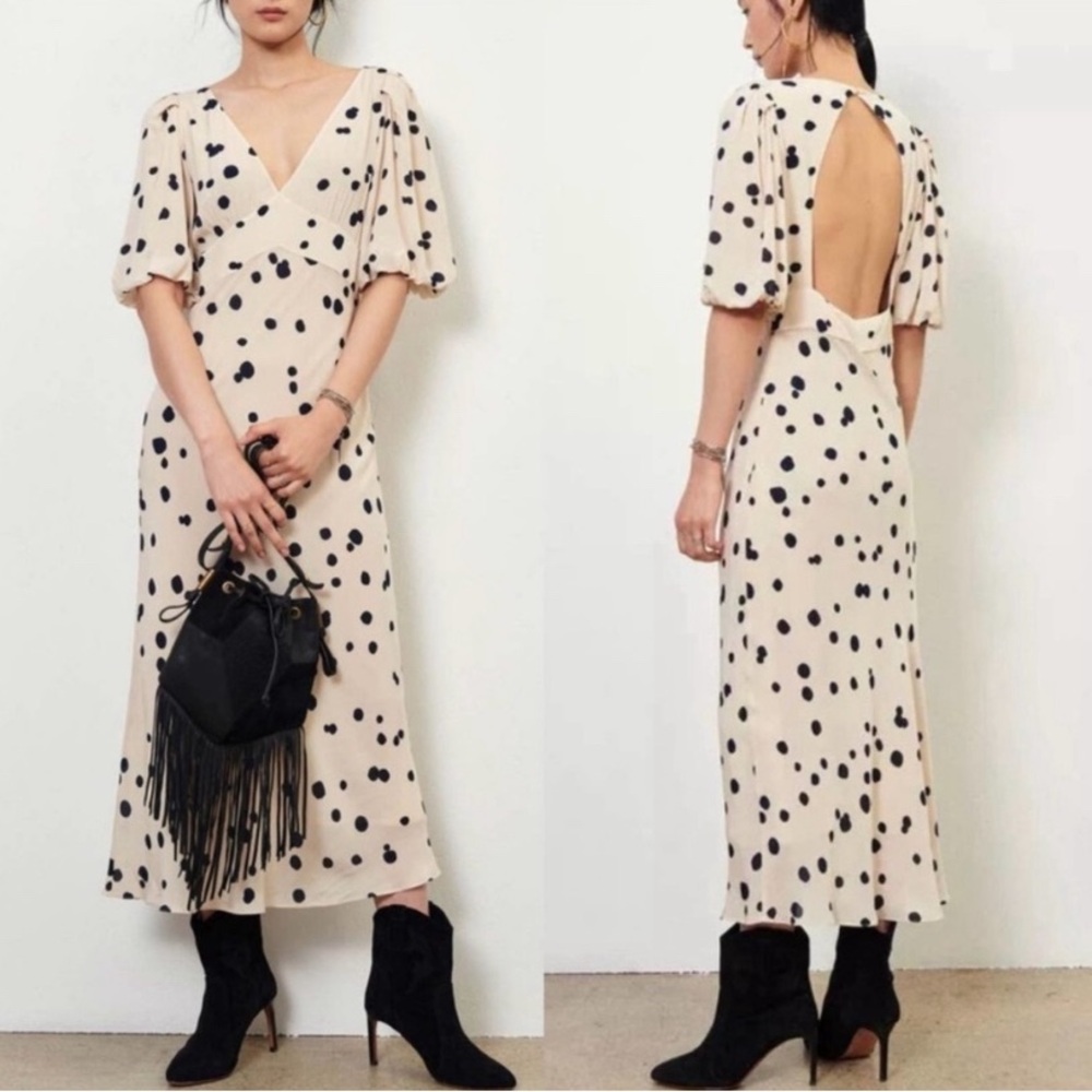 BA&SH deluxe polka dot v-neck satin | open back, flutter sleeve, midi | sz. M